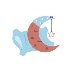 A cartoon moon in a cap with a star is sleeping on a pillow. Color vector illustration. White isolated background.