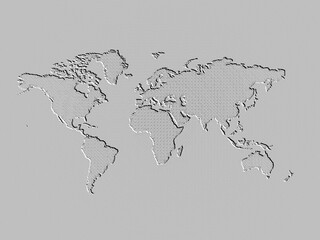 World map outline sketch with all seven continents engraved on wall texture - Digitally rendered illustration - Interior design and wall paper background concept.