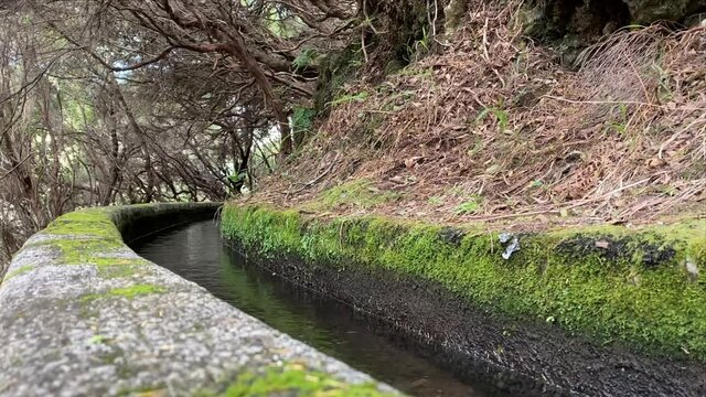 Detail of levada canal at Levada das 25 Fontes trail, Madeira island, Portugal.