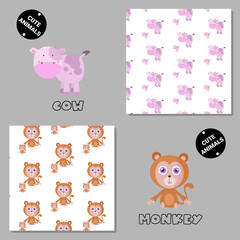 Set of vector seamless patterns with animals. Hand drawn illustration of cow and monkey