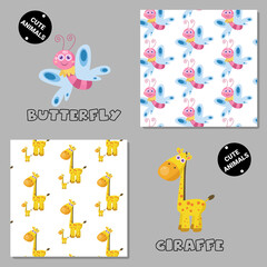 Set of vector seamless patterns with animals. Hand drawn illustration of butterfly and giraffe