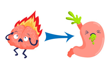 Stress nausea, vomiting. Brain and stomach character. Cartoon burning brain with Stomach nausea. Internal human organs. Stock vector illustration isolated on white background.