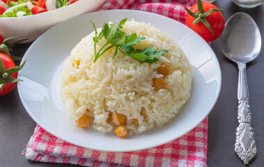 Traditional delicious Turkish food; Turkish style rice pilaf (Turkish name; Rice pilaf with chickpeas)