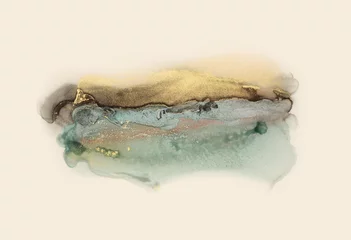 Zelfklevend Fotobehang Art Abstract smoke painting blots horizontal background. Alcohol ink blue, beige and gold colors. Marble texture. © Liliia
