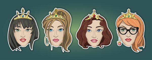 A set of stickers. Four portraits of stylish hipster women with crows. The Vector illustration. With fashionable hairstyles, makeup and glasses.