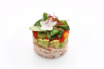 Chopped crab tartare with caviar and avocado. Fresh chopped fish salad.
Traditional Japanese dish on a white background.