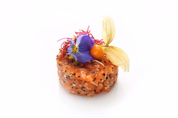 Salmon tartare. Chopped salad with fresh fish and vegetables.
Traditional Japanese dish on a white background.