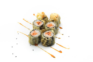 Sushi with salmon in tempura
Traditional sushi rolls on a white background.