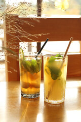 Drink, refreshing citrus cocktail with ice.