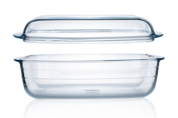 Empty glass baking container with lid isolated on white background