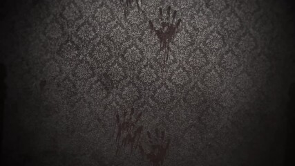 Dark red blood and helping hands on wall in hall of hotel, motion horror, mystical and Halloween style background - Powered by Adobe
