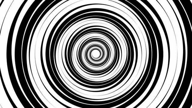 Hypnosis animation background. Halftone chaotic circle-shaped line, a moving maze. Discounts rotating in a circle. Spiral frame for logo, symbol, medicine, technology. 4k.