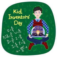 Kid Inventors Day. A boy, a schoolboy, an inventor sits in a lotus position and holds in his hands his invention a ball with a light bulb on a green background with inscriptions from formulas.