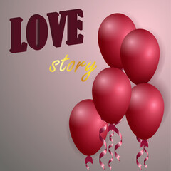 Red balloons on a pink background. Valentine's Day greeting card. 3D illustration.