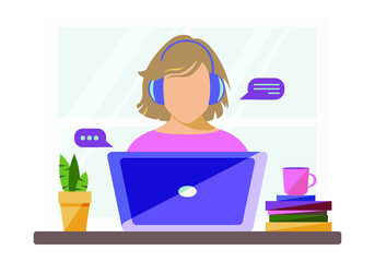 A woman wearing headphones works remotely from home with a laptop during quarantine due to coronavirus. Stay at home. Getting an education online. Communication with family via the Internet. Vector.