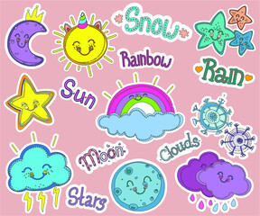 Fototapeta premium Stickers clouds, rainbow, month, moon, stars from the set 