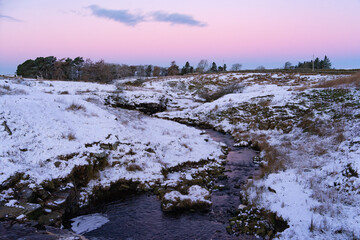 winter morning landscape with snow and stream 