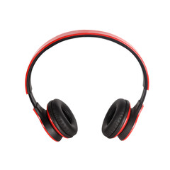 Wireless stereo headphones in red and black colors on a white isolated background