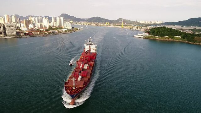 SANTOS, S&Atilde;O PAULO, BRAZIL - 05, 2018: Cargo ship leaving the Port of Santos