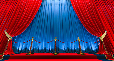 3D render of theater stage with a red and blue curtain and a spotlight.. Red and blue curtains theater scene stage backdrop.
