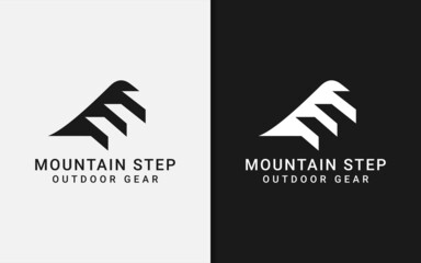 Minimalist Black Mountain with Stair Step Combination for Adventure Gear, Outdoor, Community Logo Design.