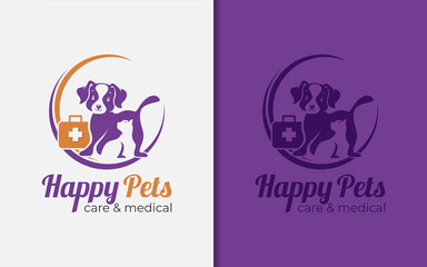 Happy Pets Care and Medical Logo Design with Smiley Dog and Cat Silhouette Combination Logo Design.