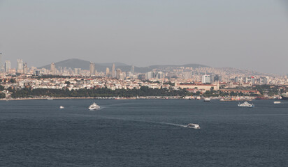 Fototapeta na wymiar Ferry in the Kadikoy sea. Steamships. Istanbul, Kadıköy. Marmara Sea. Horizontal banner. Copy, paste space. Text space.