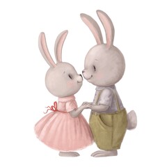 cute couple of hares in love, watercolor style illustration, valentines clipart with cartoon characters