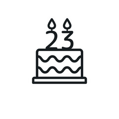 Birthday cake line icon with candle number 23. Vector.