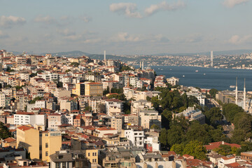 Istanbul, Turkey development area. Traditional, historic, residential, housing zone. Marmara Sea, bridge,  apartments, buildings, mosque and trees. Colorful photo. Banner format. Copy paste space.