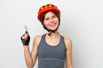Young cyclist English woman isolated on white background showing and lifting a finger in sign of the best