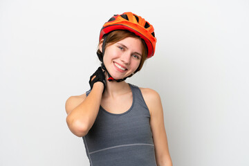 Young cyclist English woman isolated on white background laughing