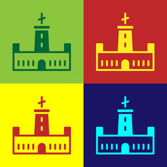 Pop art Montjuic castle icon isolated on color background. Barcelona, Spain. Vector
