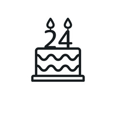 Birthday cake line icon with candle number 24. Vector.