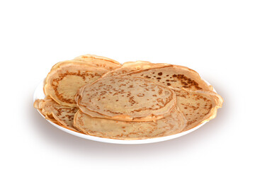 Delicious pancakes on a plate on a white background are ready to eat