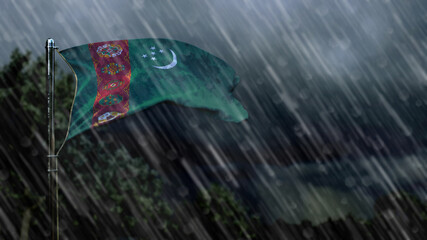 flag of Turkmenistan with rain and dark clouds, storm and tornado symbol - nature 3D rendering
