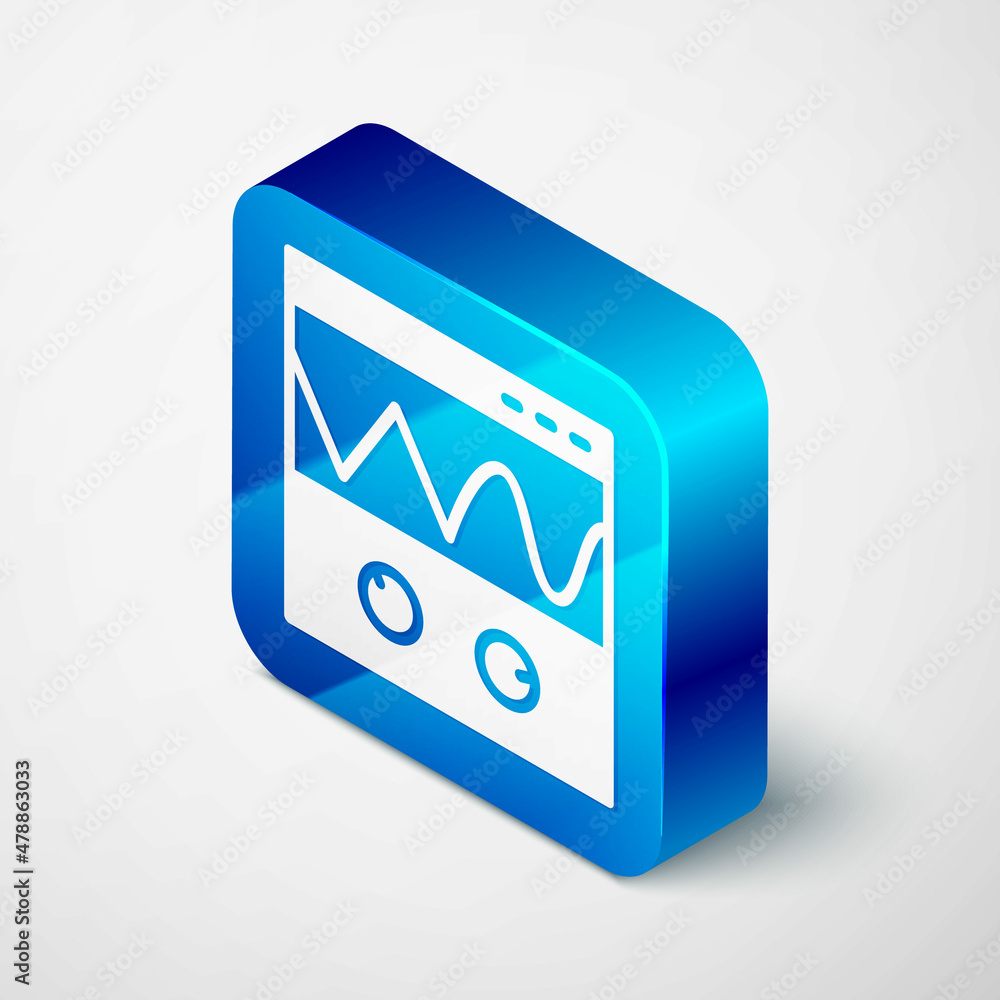 Poster isometric oscilloscope measurement signal wave icon isolated on grey background. blue square button.