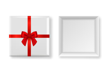 Vector 3d Realistic Closed, Opened Paper White Christmas Gift Box, Red Bow Isolated. New Year, Christmas, Valentine Day or Anniversary Concept. Design Template of Christmas Present Packing. Top View