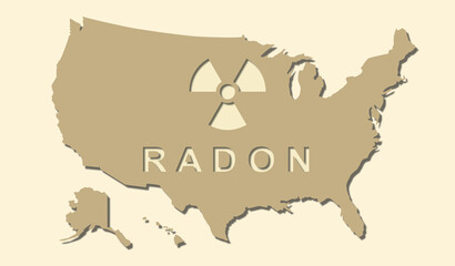 USA map. Alert signal, danger. RADON, is a contaminant that affects indoor air quality worldwide. ILLUSTRATION with reference to background radiation. Radioactive, colorless and tasteless noble gas. 
