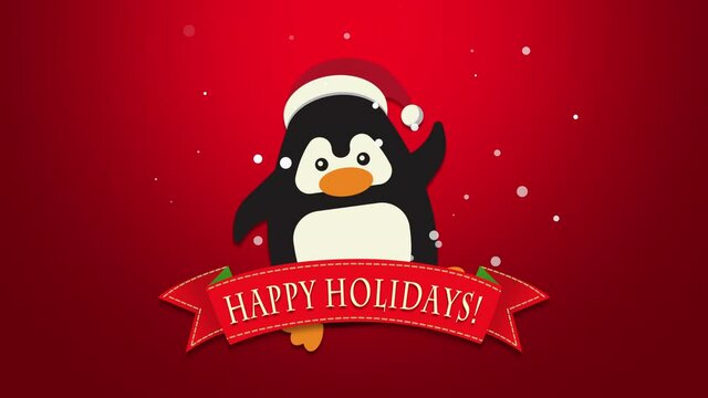 Happy Holidays with funny penguin and snow on red background, motion holidays and winter style background for New Year and Merry Christmas