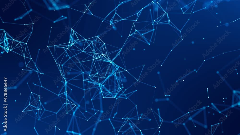 Poster neon blue background animation. movement damaged network, plexus, connections. dots and lines with w