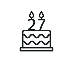Birthday cake line icon with candle number 27. Vector.
