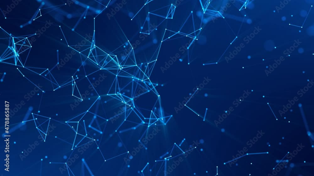 Poster neon blue background animation. movement damaged network, plexus, connections. dots and lines with w