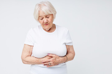 Photo of retired old lady smile hand gesture isolated background