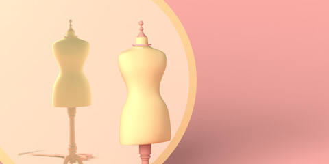 Fashion clothing design with mannequin and mirror. Copy space. 3D illustration.