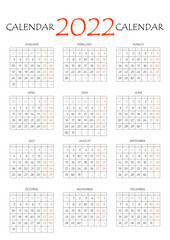 2022 calendar planner. Corporate week. Template layout, 12 months yearly, white background. Simple design for business brochure, flyer, print media, advertisement. Week starts from Monday