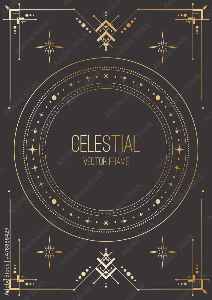 Wall mural vector celestial background with round copy space. shiny golden elegant outline frame with stars, ge