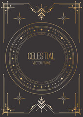 Vector celestial background with round copy space. Shiny golden elegant outline frame with stars, geometric ornate border with arrows and place for text on black. A4 linear template for card or cover