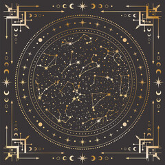 Vector golden celestial background with ornate outline geometric frame, magical circle with stars, zodiac constellations, moon phases, arrows and concentric circles. Mystic linear square cover