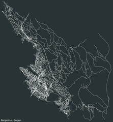 Detailed negative navigation white lines urban street roads map  of the quarter BERGENHUS BOROUGH  of the Norwegian regional capital city of Bergen, Norway on dark gray background